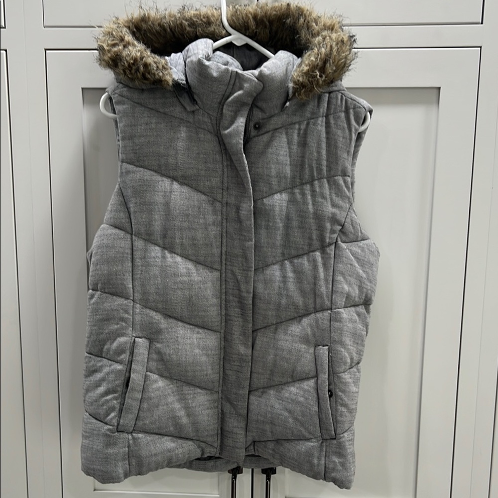 GAP Gray Puffer Vest with Faux Fur Hood